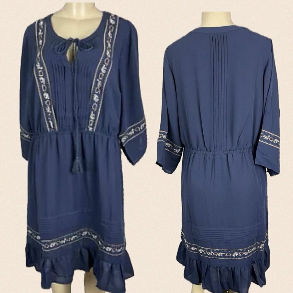 Roaman's 14W Navy Tie Keyhole Neck Lined Embroidered Trim 3/4 Sleeve Knee Dress